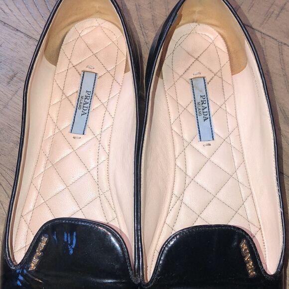 Prada Gold Logo Patent Leather Loafers Quilted Footbed. Sanitized and polished. - Picture 5 of 17